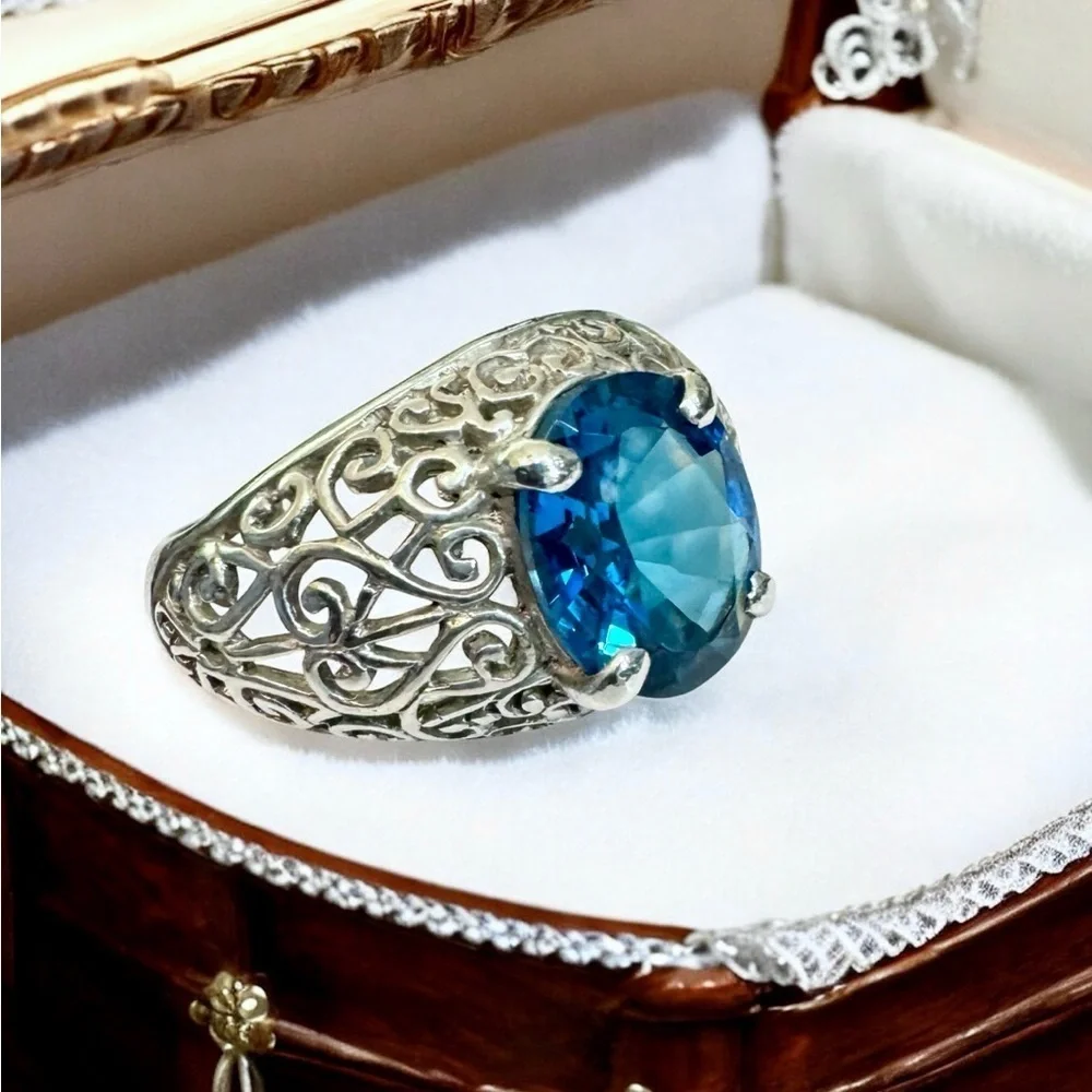 Estate London Blue Topaz Sterling Silver Ring (8.75)